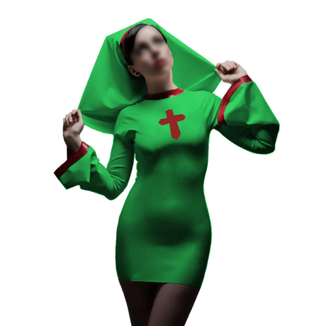Long Sleeve Sister Uniform Sexy Vinyl PVC Leather Nun Dress with Headgear Halloween Cosplay Costumes Fancy Dress Up 7XL