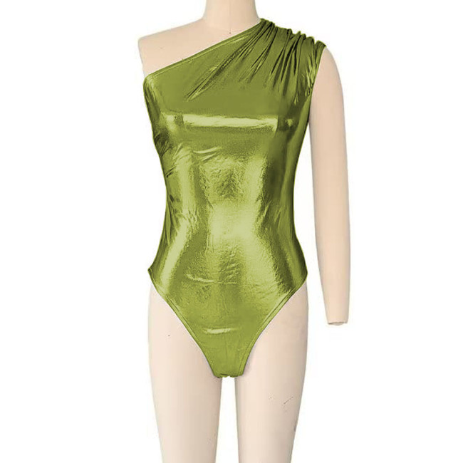 Novelty Skinny Sexy Shiny Metallic Teddies High Street Women Vinyl Sleeveless One Shoulder Nighclub Bodysuit Dance Party Rompers