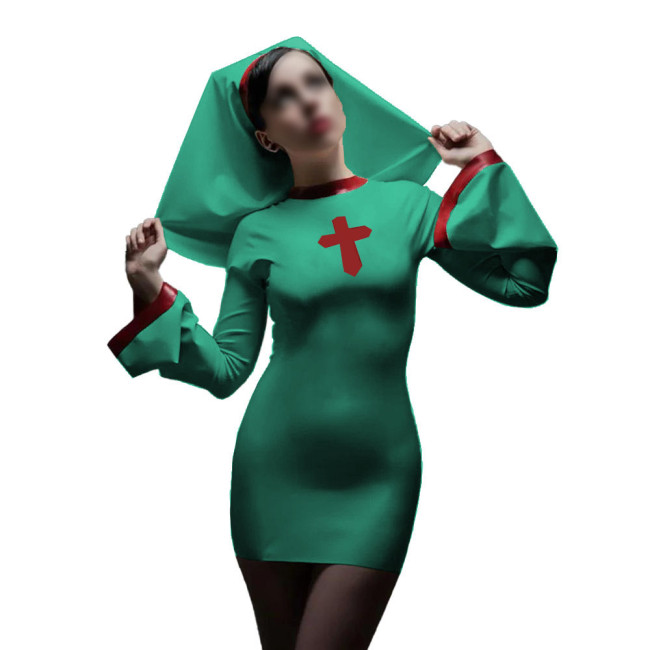 Long Sleeve Sister Uniform Sexy Vinyl PVC Leather Nun Dress with Headgear Halloween Cosplay Costumes Fancy Dress Up 7XL