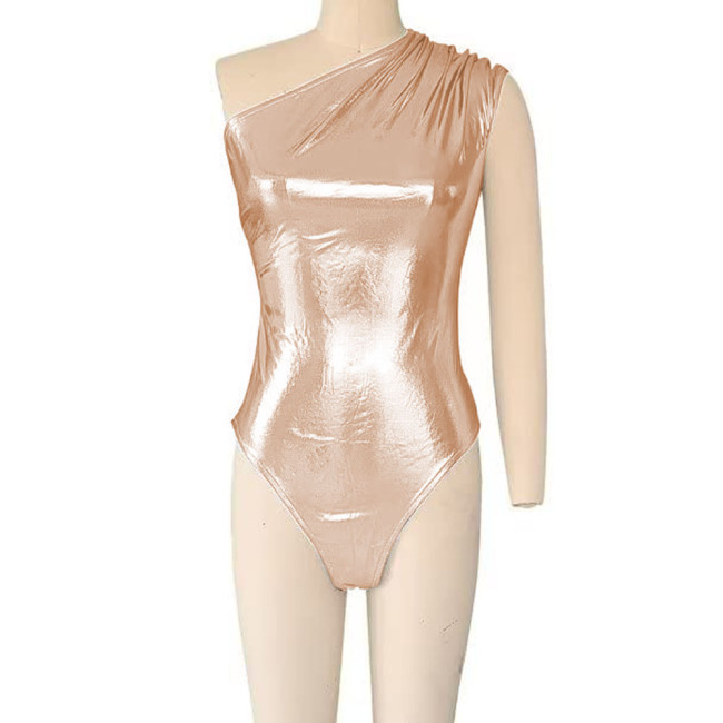 Novelty Skinny Sexy Shiny Metallic Teddies High Street Women Vinyl Sleeveless One Shoulder Nighclub Bodysuit Dance Party Rompers