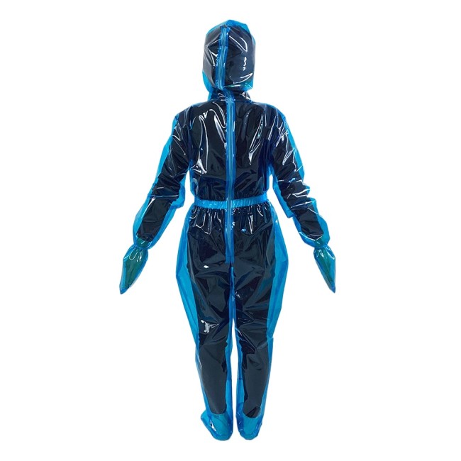Unsiex Open Mouth Exotic Zentai Clear PVC Plastic Full Bodysuit Back Zipper Full Sleeve Hooded Rompers Fancy Halloween Costumes
