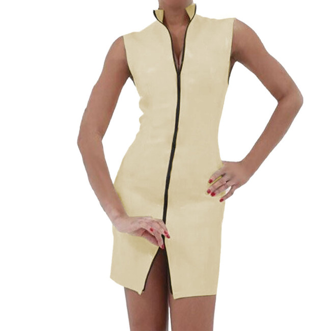 Faux Leather Women Dress With Zipper Sexy V-neck Sleeveless Bodycon Dresses PVC  Mini Dress  Costumes Clubwear 7XL