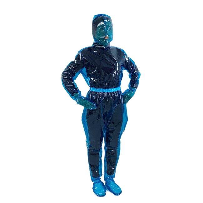 Unsiex Open Mouth Exotic Zentai Clear PVC Plastic Full Bodysuit Back Zipper Full Sleeve Hooded Rompers Fancy Halloween Costumes