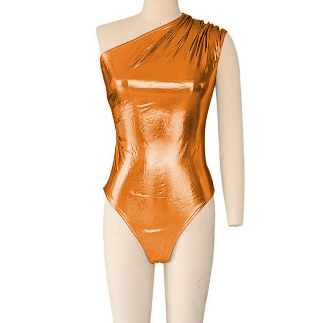 Novelty Skinny Sexy Shiny Metallic Teddies High Street Women Vinyl Sleeveless One Shoulder Nighclub Bodysuit Dance Party Rompers