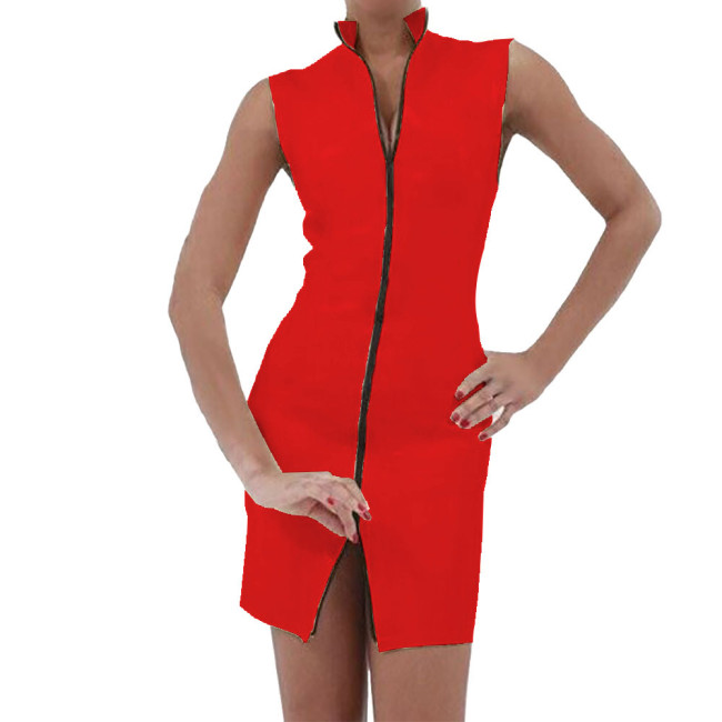Faux Leather Women Dress With Zipper Sexy V-neck Sleeveless Bodycon Dresses PVC Mini Dress Costumes Clubwear 7XL