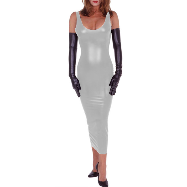 PU Leather Deep Scoop Neck Sexy Pencil Dress Sheeveless Slim Fitting Stretch Mid-Calf Hobble Long Dress Birthday Dresses Clothes
