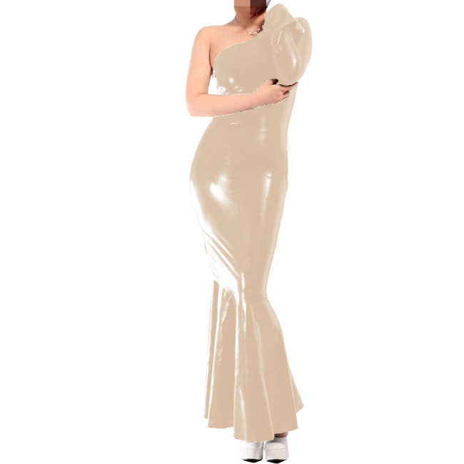 Sexy One Shoulder White Dress Glossy Vinyl Leather PVC Mermaid Long Evening Dresses Bodycon Maxi Dress Party Clubwear Vestidos