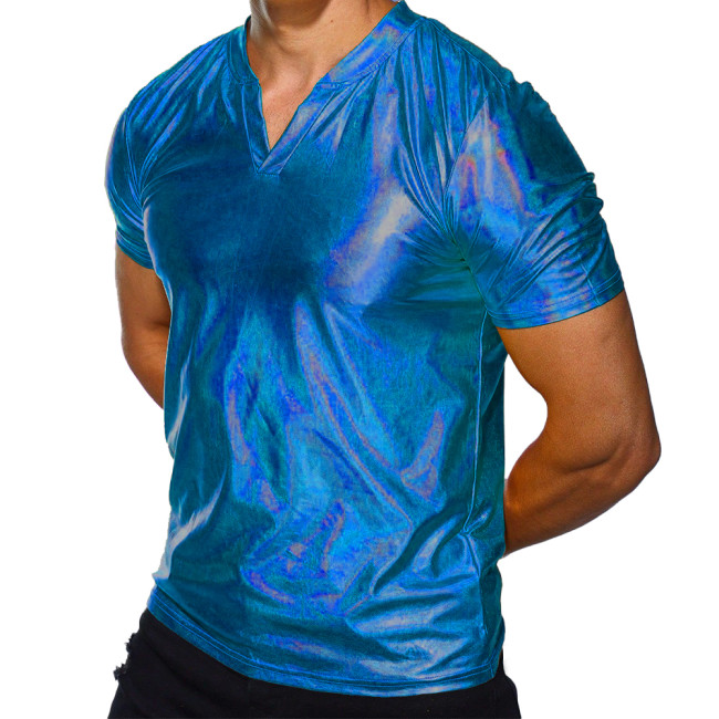 Men's Fashion T-shirt V-neck T-shirt Short sleeved Shiny Laser Shiny MetallicT-shirt Punk Clubwear High Street  Shirts S-7XL