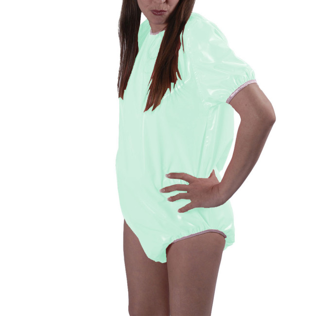 Women Wetlook PVC Playsuit Sexy Scoop Neck Short Sleeves Nightclub Bodysuit Glossy Faux Leather Nightclub Loose Rompers S-7XL