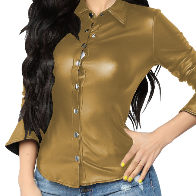 Women Turn-down Collar  Three-quarter Sleeves PU Leather Frosted Advanced Single Row Button Jacket Fashion Solid Streetwear