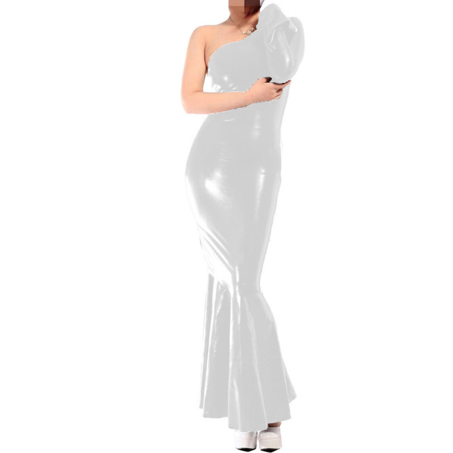 Sexy One Shoulder White Dress Glossy Vinyl Leather PVC Mermaid Long Evening Dresses Bodycon Maxi Dress Party Clubwear Vestidos