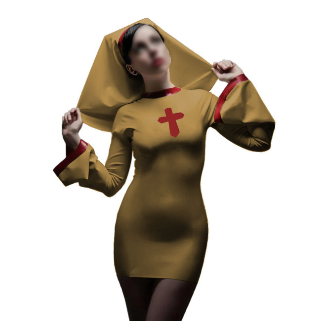 Long Sleeve Sister Uniform Sexy Vinyl PVC Leather Nun Dress with Headgear Halloween Cosplay Costumes Fancy Dress Up 7XL