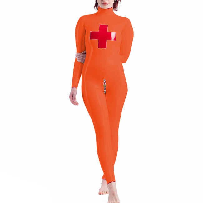 High Neck Nun Cosplay Jumpsuits Long Sleeve Lockable Catsuit Glossy PVC Leather Full Body Unisex  Halloween Costume Suit