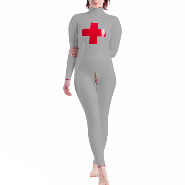 High Neck Nun Cosplay Jumpsuits Long Sleeve Lockable Catsuit Glossy PVC Leather Full Body Unisex  Halloween Costume Suit
