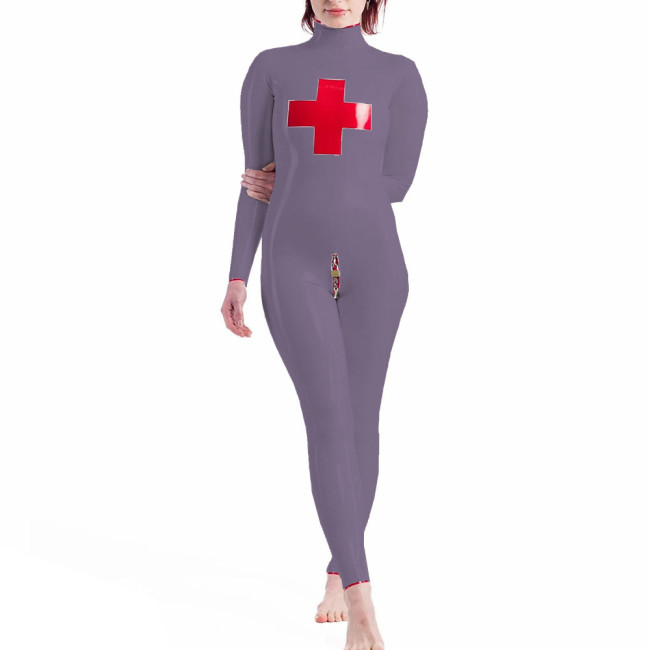 High Neck Nun Cosplay Jumpsuits Long Sleeve Lockable Catsuit Glossy PVC Leather Full Body Unisex  Halloween Costume Suit
