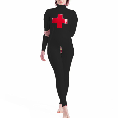 High Neck Nun Cosplay Jumpsuits Long Sleeve Lockable Catsuit Glossy PVC Leather Full Body Unisex  Halloween Costume Suit