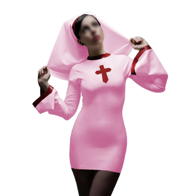 Long Sleeve Sister Uniform Sexy Vinyl PVC Leather Nun Dress with Headgear Halloween Cosplay Costumes Fancy Dress Up 7XL