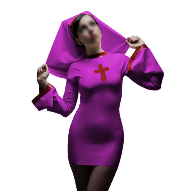 Long Sleeve Sister Uniform Sexy Vinyl PVC Leather Nun Dress with Headgear Halloween Cosplay Costumes Fancy Dress Up 7XL