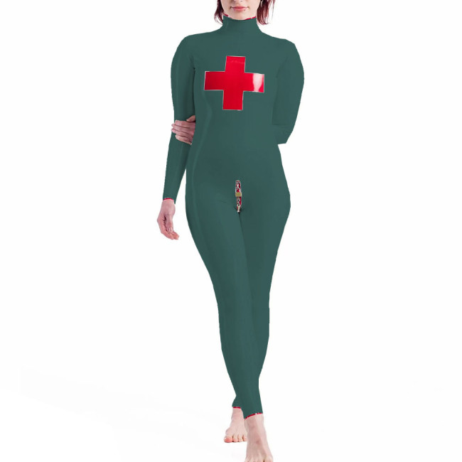 High Neck Nun Cosplay Jumpsuits Long Sleeve Lockable Catsuit Glossy PVC Leather Full Body Unisex  Halloween Costume Suit