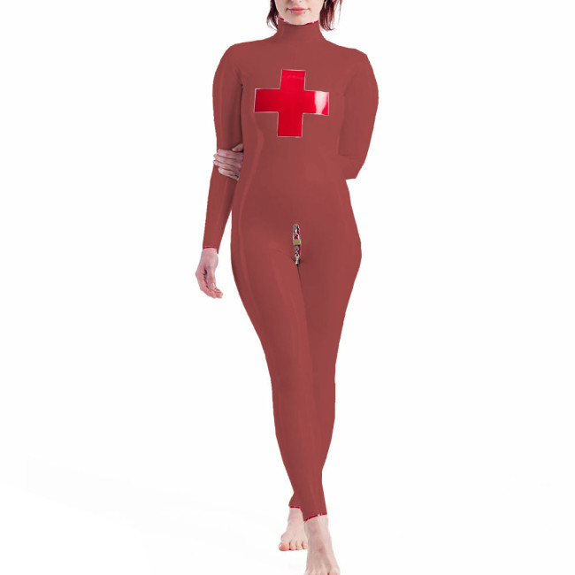 High Neck Nun Cosplay Jumpsuits Long Sleeve Lockable Catsuit Glossy PVC Leather Full Body Unisex  Halloween Costume Suit