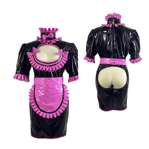 Exotic Open Chest Crotchless Maid Role Play Suit Sissy Expose Butt Apron Maid Uniform Wetlook PVC Lockable Maid Cosplay Costume
