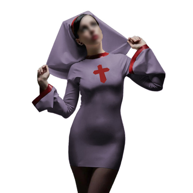 Long Sleeve Sister Uniform Sexy Vinyl PVC Leather Nun Dress with Headgear Halloween Cosplay Costumes Fancy Dress Up 7XL