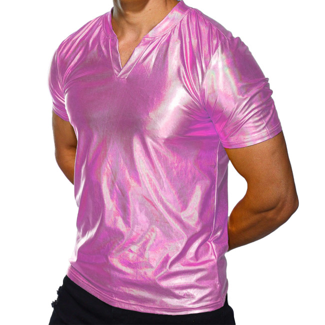 Men's Fashion T-shirt V-neck T-shirt Short sleeved Shiny Laser Shiny MetallicT-shirt Punk Clubwear High Street  Shirts S-7XL