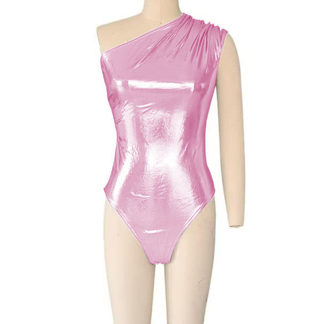 Novelty Skinny Sexy Shiny Metallic Teddies High Street Women Vinyl Sleeveless One Shoulder Nighclub Bodysuit Dance Party Rompers