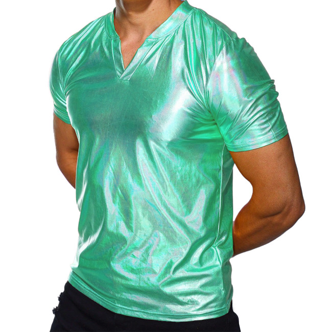 Men's Fashion T-shirt V-neck T-shirt Short sleeved Shiny Laser Shiny MetallicT-shirt Punk Clubwear High Street  Shirts S-7XL
