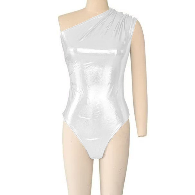 Novelty Skinny Sexy Shiny Metallic Teddies High Street Women Vinyl Sleeveless One Shoulder Nighclub Bodysuit Dance Party Rompers
