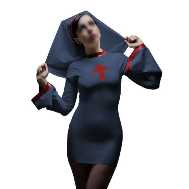 Long Sleeve Sister Uniform Sexy Vinyl PVC Leather Nun Dress with Headgear Halloween Cosplay Costumes Fancy Dress Up 7XL