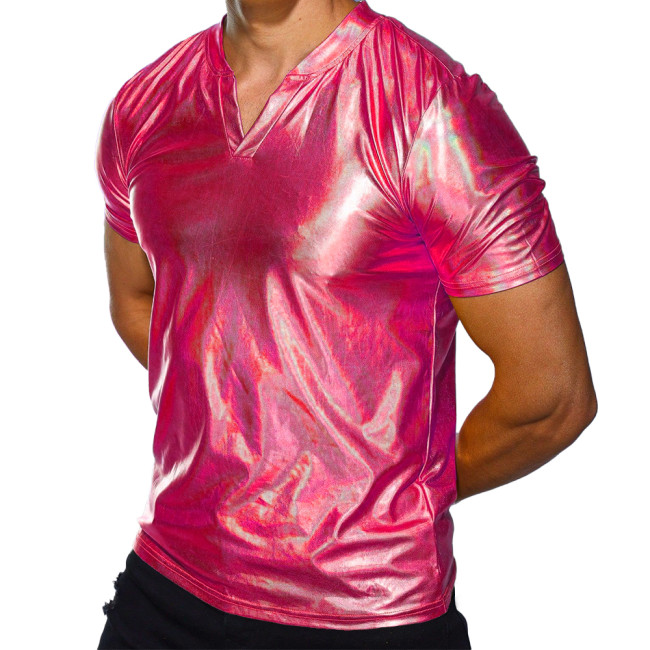 Men's Fashion T-shirt V-neck T-shirt Short sleeved Shiny Laser Shiny MetallicT-shirt Punk Clubwear High Street  Shirts S-7XL