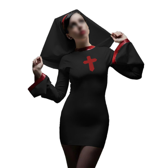 Long Sleeve Sister Uniform Sexy Vinyl PVC Leather Nun Dress with Headgear Halloween Cosplay Costumes Fancy Dress Up 7XL