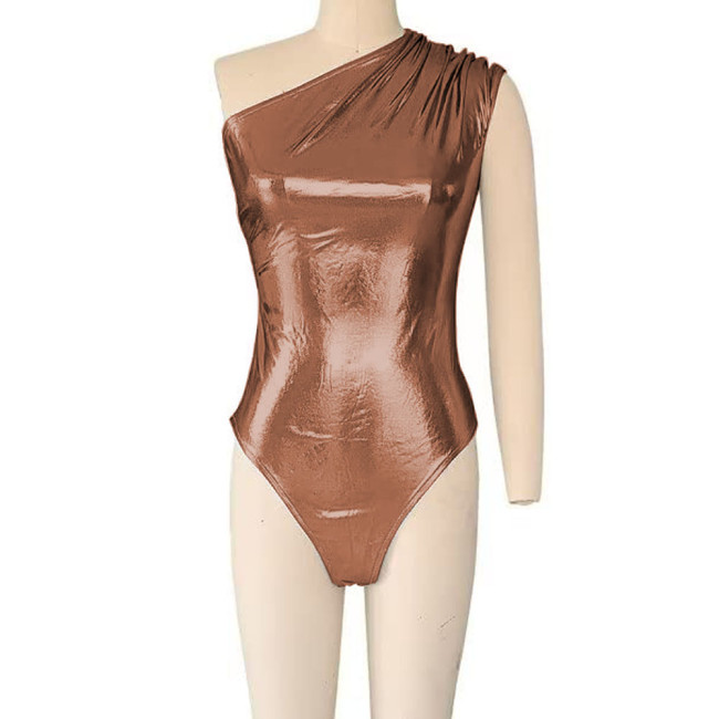 Novelty Skinny Sexy Shiny Metallic Teddies High Street Women Vinyl Sleeveless One Shoulder Nighclub Bodysuit Dance Party Rompers