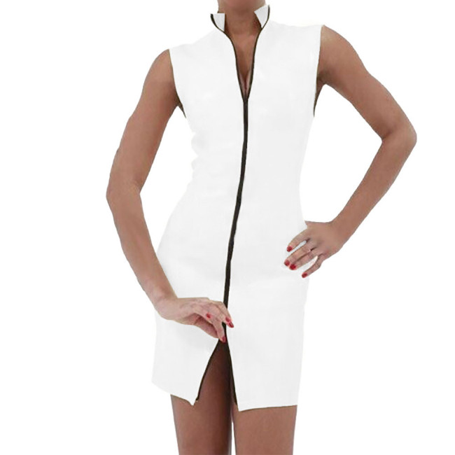 Faux Leather Women Dress With Zipper Sexy V-neck Sleeveless Bodycon Dresses PVC  Mini Dress  Costumes Clubwear 7XL