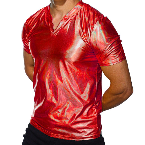 Men's Fashion T-shirt V-neck T-shirt Short sleeved Shiny Laser Shiny MetallicT-shirt Punk Clubwear High Street  Shirts S-7XL
