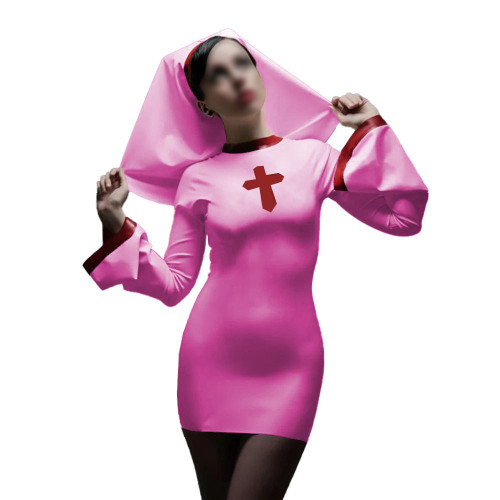 Long Sleeve Sister Uniform Sexy Vinyl PVC Leather Nun Dress with Headgear Halloween Cosplay Costumes Fancy Dress Up 7XL