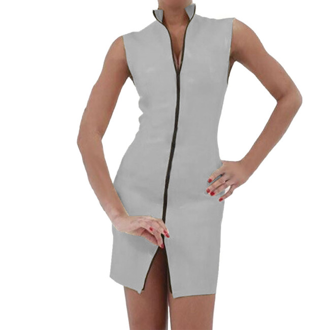 Faux Leather Women Dress With Zipper Sexy V-neck Sleeveless Bodycon Dresses PVC  Mini Dress  Costumes Clubwear 7XL