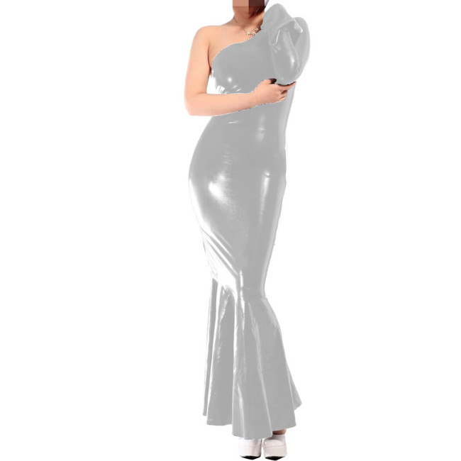 Sexy One Shoulder White Dress Glossy Vinyl Leather PVC Mermaid Long Evening Dresses Bodycon Maxi Dress Party Clubwear Vestidos