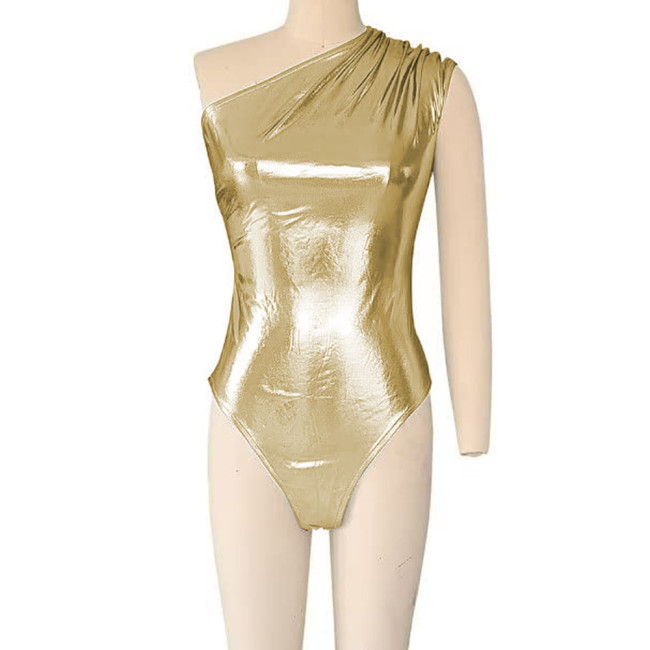 Novelty Skinny Sexy Shiny Metallic Teddies High Street Women Vinyl Sleeveless One Shoulder Nighclub Bodysuit Dance Party Rompers