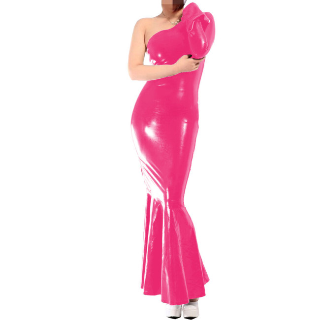 Sexy One Shoulder White Dress Glossy Vinyl Leather PVC Mermaid Long Evening Dresses Bodycon Maxi Dress Party Clubwear Vestidos