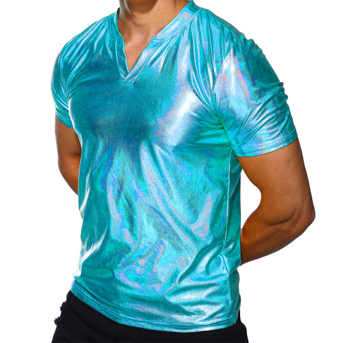 Men's Fashion T-shirt V-neck T-shirt Short sleeved Shiny Laser Shiny MetallicT-shirt Punk Clubwear High Street  Shirts S-7XL