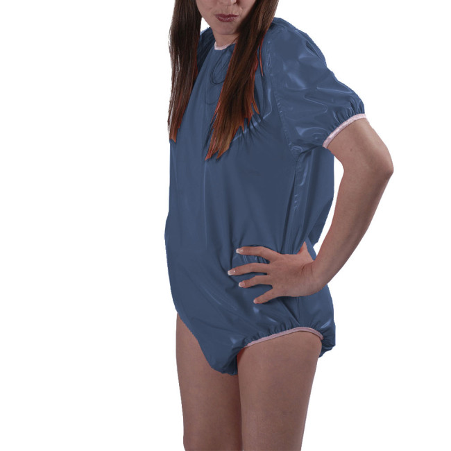 Women Wetlook PVC Playsuit Sexy Scoop Neck Short Sleeves Nightclub Bodysuit Glossy Faux Leather Nightclub Loose Rompers S-7XL