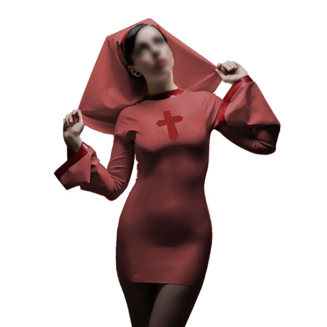 Long Sleeve Sister Uniform Sexy Vinyl PVC Leather Nun Dress with Headgear Halloween Cosplay Costumes Fancy Dress Up 7XL