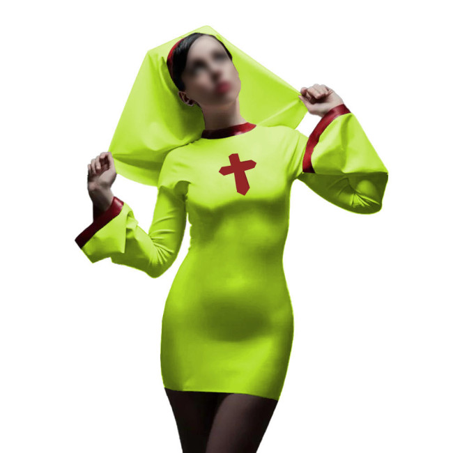 Long Sleeve Sister Uniform Sexy Vinyl PVC Leather Nun Dress with Headgear Halloween Cosplay Costumes Fancy Dress Up 7XL