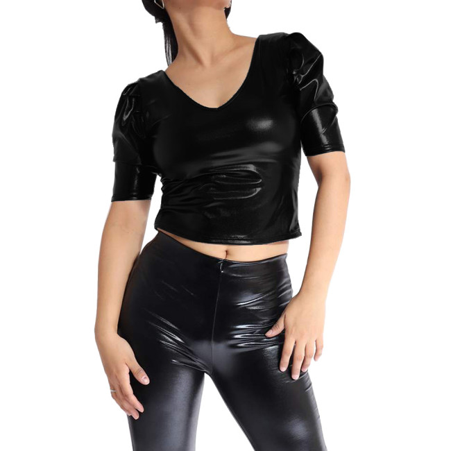 Summer Women Synthetic leather-like top Half Sleeves V-neck Midriff-baring Female Fashion Clubwear Tight Casual Slim T-Shirt