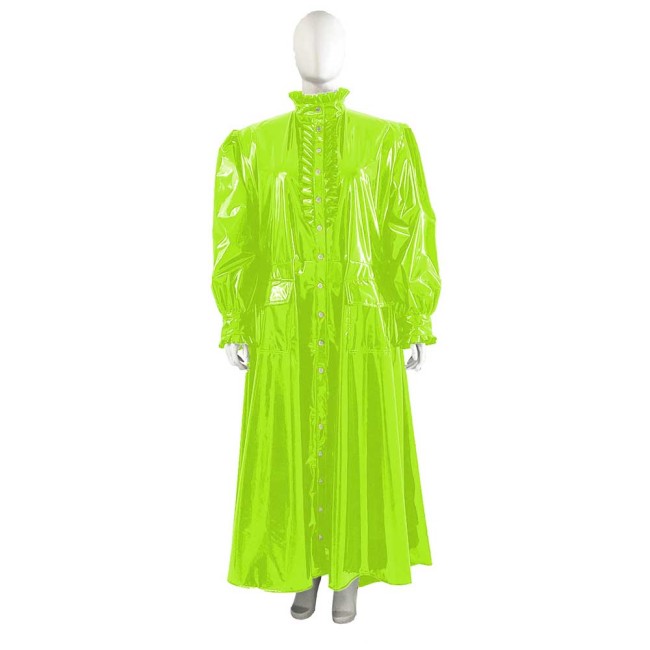 Plus Size Wetlook Patent Leather Long Trench Coat Unisex Ruffles Turtleneck Long Sleeve Soft PVC Overcoat Club Fetish Clothes