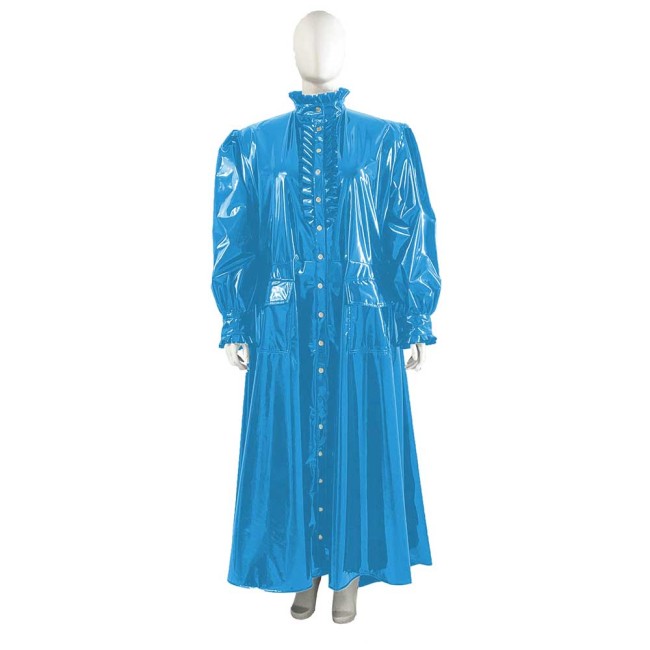 Plus Size Wetlook Patent Leather Long Trench Coat Unisex Ruffles Turtleneck Long Sleeve Soft PVC Overcoat Club Fetish Clothes