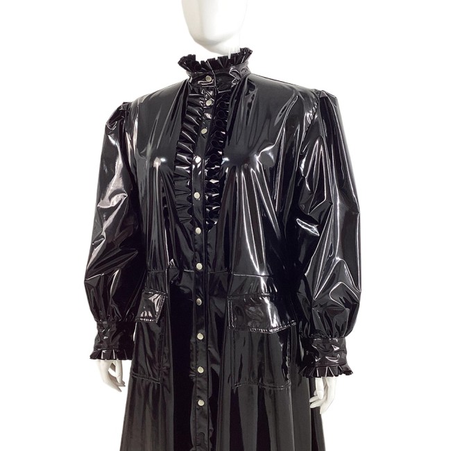Plus Size Wetlook Patent Leather Long Trench Coat Unisex Ruffles Turtleneck Long Sleeve Soft PVC Overcoat Club Fetish Clothes