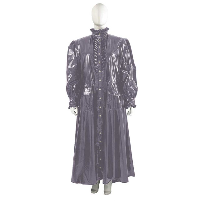 Plus Size Wetlook Patent Leather Long Trench Coat Unisex Ruffles Turtleneck Long Sleeve Soft PVC Overcoat Club Fetish Clothes
